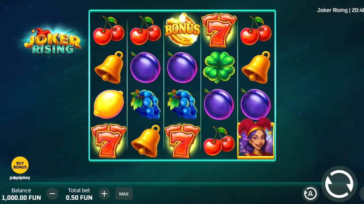 Interface vibrante do slot Joker Rising com símbolos clássicos e neon